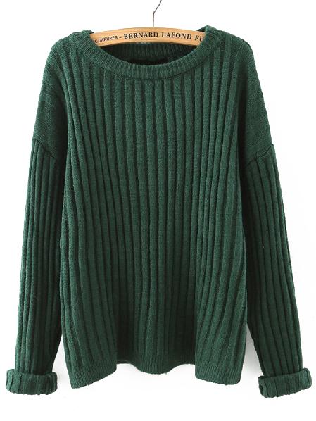 Shein Green Round Neck Vertical Stripe Loose Sweater