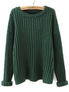 Shein Green Round Neck Vertical Stripe Loose Sweater