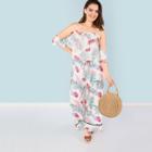 Shein Plus Open Shoulder Tropical Print Top & Pants Set