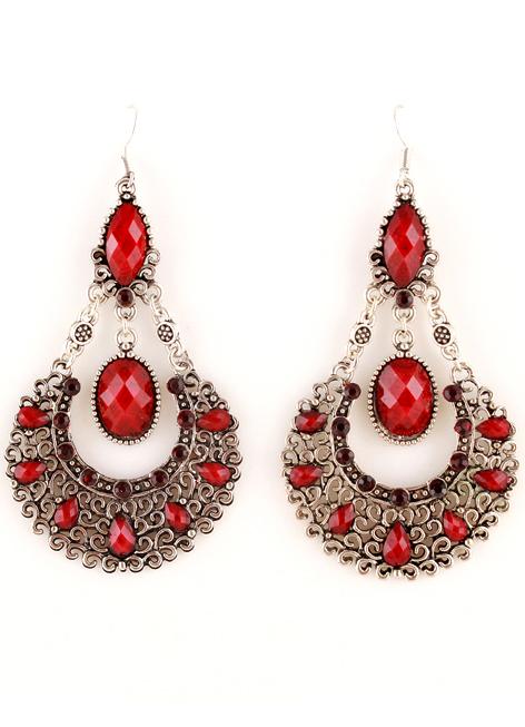 Shein Red Gemstone Retro Silver Hollow Dangle Earrings
