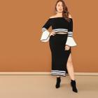 Shein Plus Bell Sleeve Striped Bardot Top & Split Skirt Set