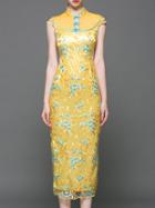 Shein Yellow Gauze Embroidered Split Sheath Dress