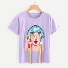 Shein Figure Print Letter Tape Detail T-shirt