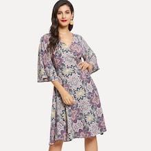 Shein Floral Print Bell Sleeve Surplice Neck Dress