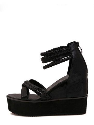 Shein Black Open Toe Braided Strappy Wedge Sandals