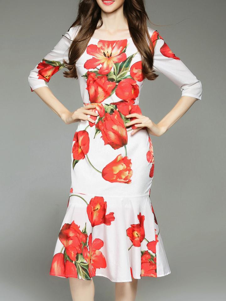 Shein White Backless Flowers Print Frill Dress