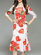 Shein White Backless Flowers Print Frill Dress