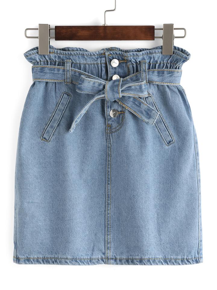 Shein Bow-tie Ruffled Waist Denim Skirt
