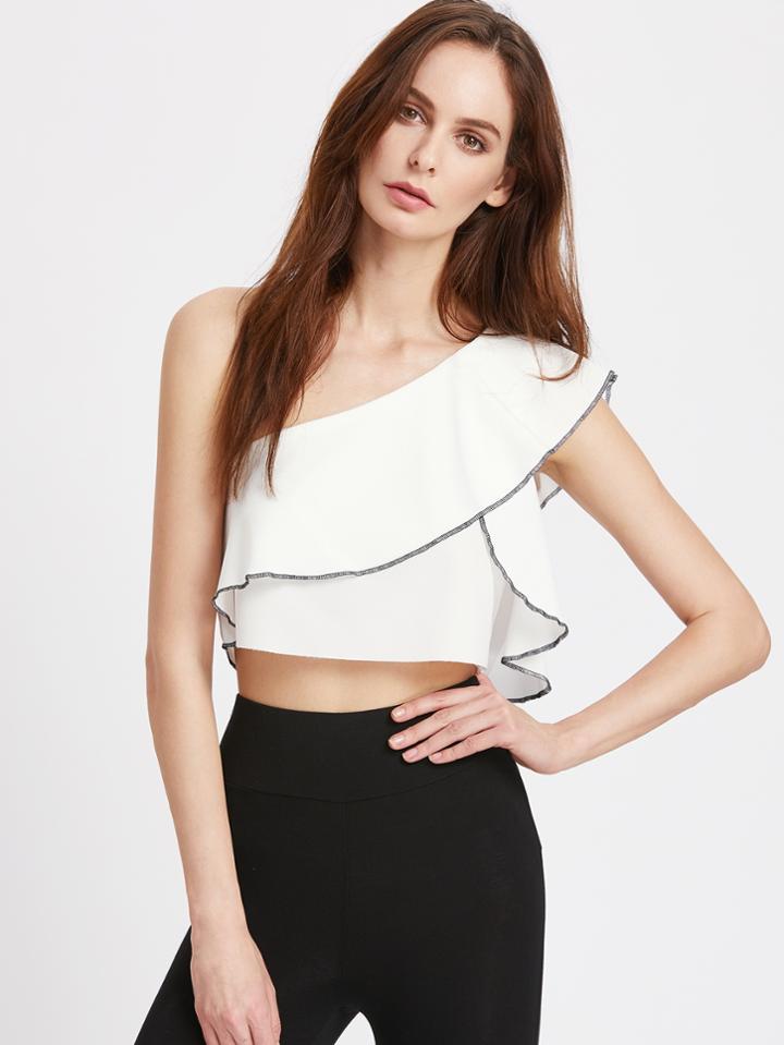 Shein Oblique Shoulder Contrast Binding Ruffle Top