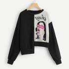 Shein Letter And Figure Print Asymmetric Hem Sweatshirt