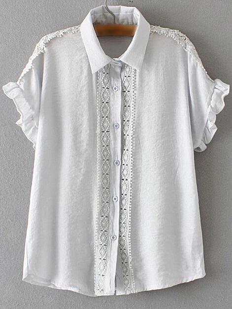 Shein Grey Lapel Ruffle Cuff Crochet Bottons Front Blouse