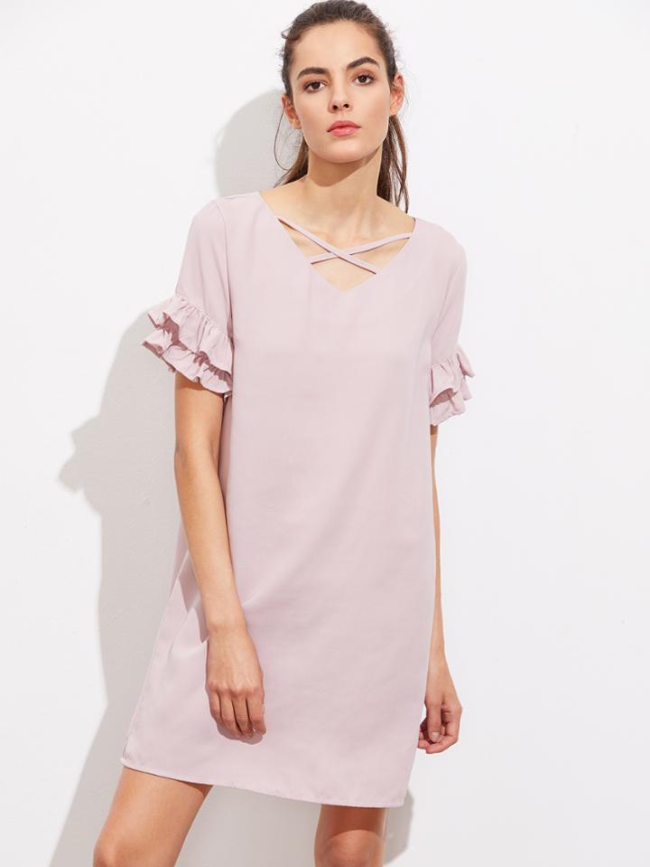 Shein Crisscross Neck Layered Frill Sleeve Dress