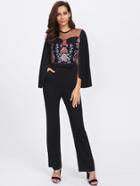 Shein Cape Sleeve Mesh Insert Embroidered Tailored Jumpsuit