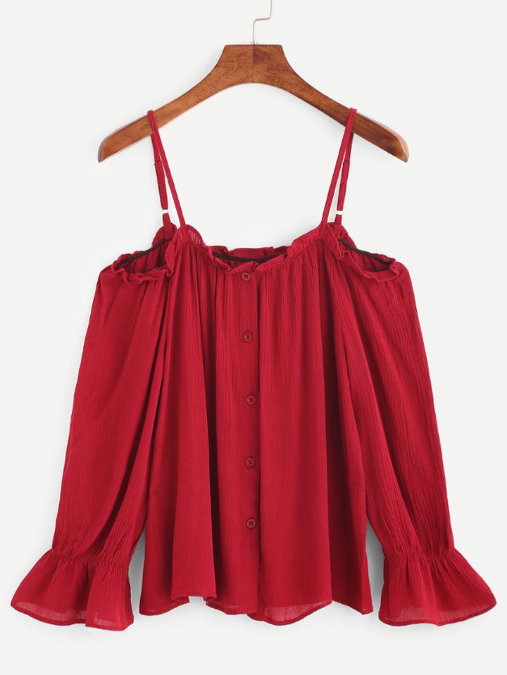 Shein Burgundy Cold Shoulder Button Front Top