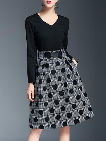 Shein Black V Neck Polka Dot Belted A-line Dress