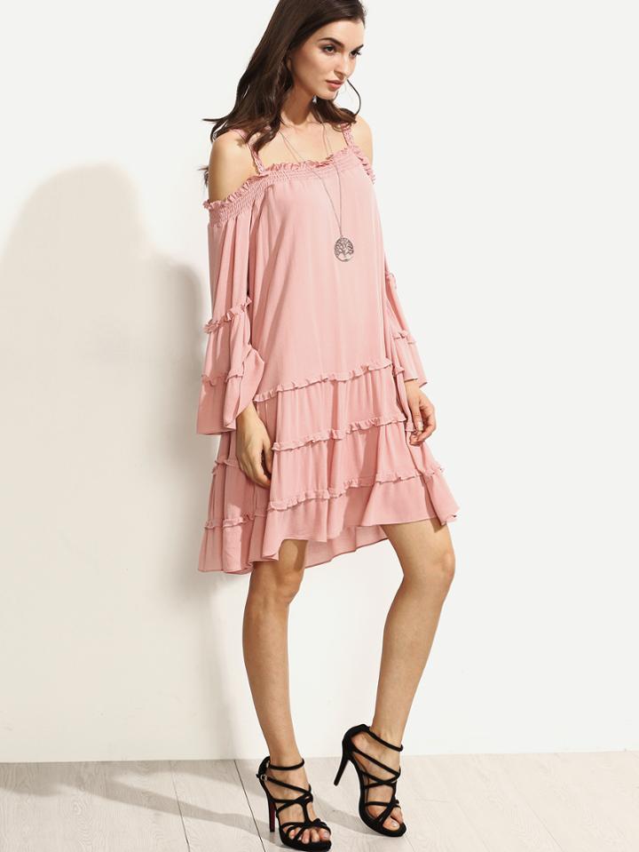 Shein Pink Spaghetti Strap Multilayer Ruffle Trim Dress