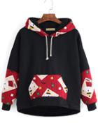 Shein Black Drawstring Hooded Sweatshirt With Contrast Patches