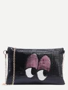 Shein Black Sequin Eye Embossed Clutch With Chain