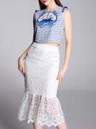 Shein White Chevron Print Top With Fishtail Lace Skirt
