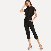 Shein Ruffle Trim Drawstring Waist Solid Jumpsuit