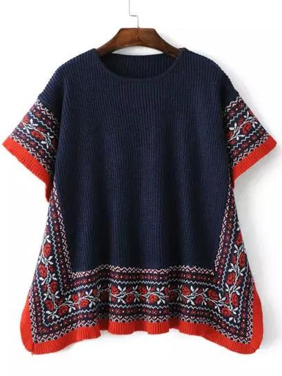 Shein Navy Red Round Neck Tribal Print Sweater