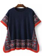 Shein Navy Red Round Neck Tribal Print Sweater