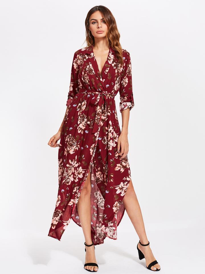 Shein V Neckline Tie Waist Split Dress