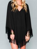 Shein Black Long Sleeve V Neck Fringe Dress