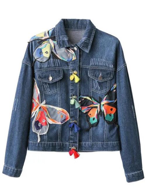 Shein Blue Butterfly Embroided Denim Jacket