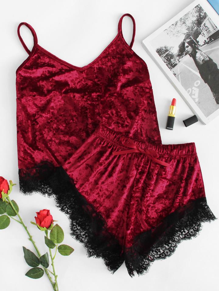 Shein Contrast Eyelash Lace Crushed Velvet Cami Pj Set