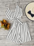 Shein Stripe Surplice Bow Tie Open Back Crop Cami Top With Shorts
