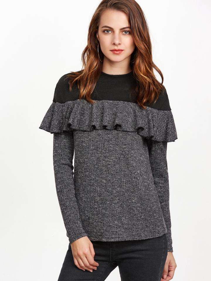 Shein Black Marled Knit Contrast Yoke Ruffle T-shirt