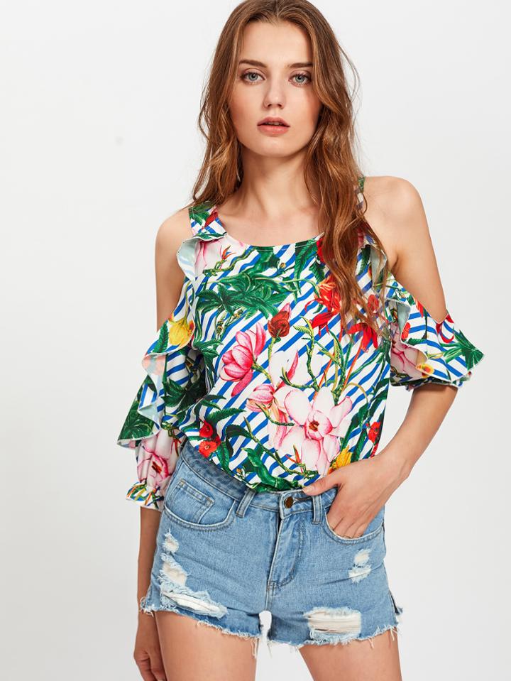 Shein Random Jungle Print Open Shoulder Frill Trim Blouse