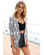 Shein White Long Sleeve Black Diamond Print Crop Blazer