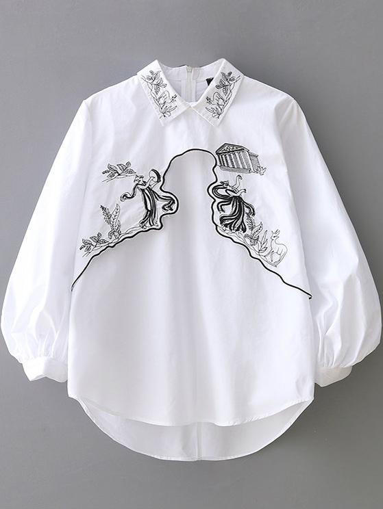 Shein White Lantern Sleeve Embroidery Dipped Hem Blouse