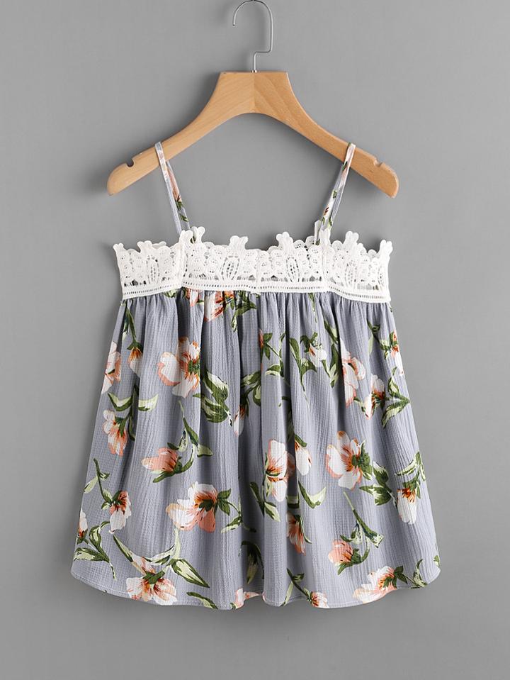 Shein Contrast Crochet Lace Trim Florals Cami Top