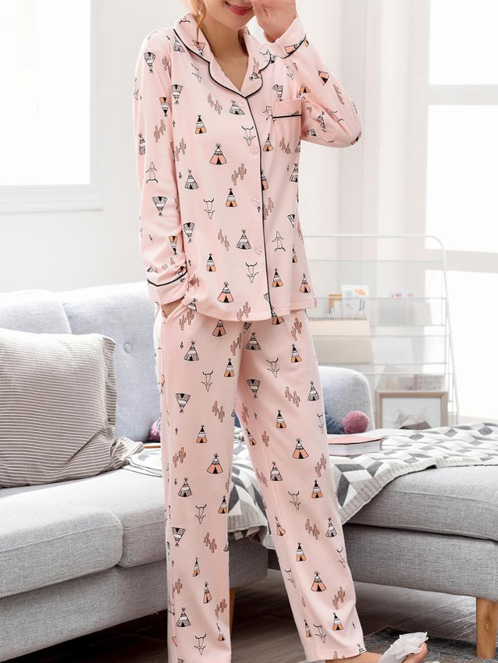 Shein Contrast Binding Printed Shirt & Pants Pj Set