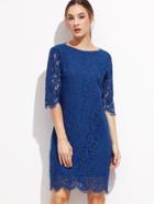 Shein Royal Blue V Back Scallop Hem Lace Dress