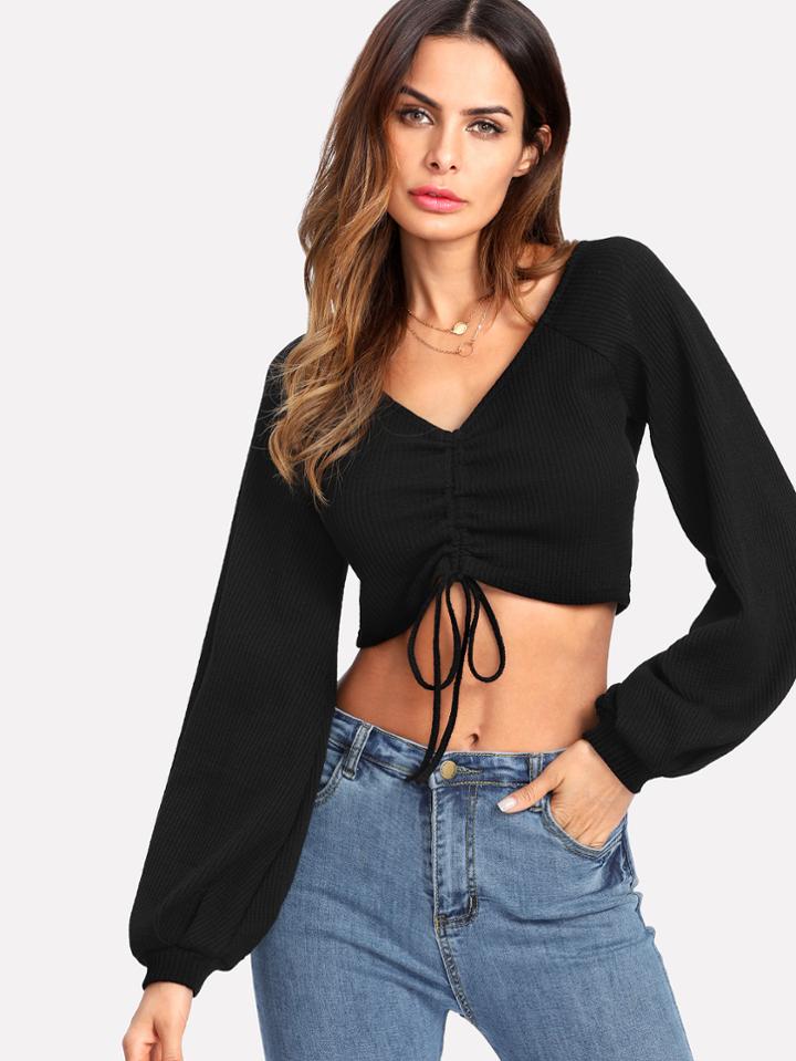 Shein Drawstring Front Crop Ribbed Knit Tee