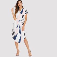 Shein Slit Side Curved Hem Tie Waist Dress