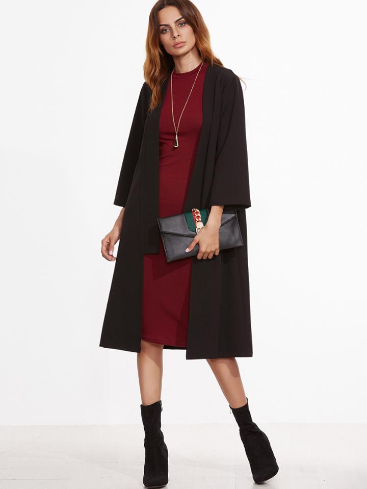 Shein Black 3/4 Sleeve Collarless Duster Coat