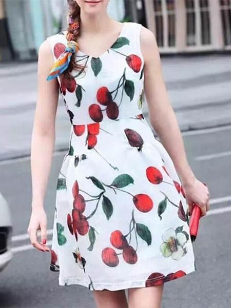 Shein White V Neck Apple Print Dress