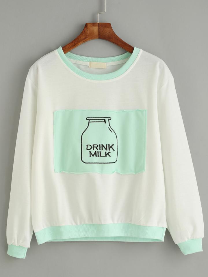 Shein White Contrast Trim Bottle Embroidered Patch Sweatshirt