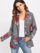 Shein Faux Pocket Detail Floral And Plaid Blazer