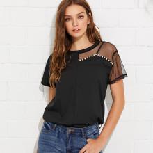 Shein Mesh Panel Pearl Beaded Top