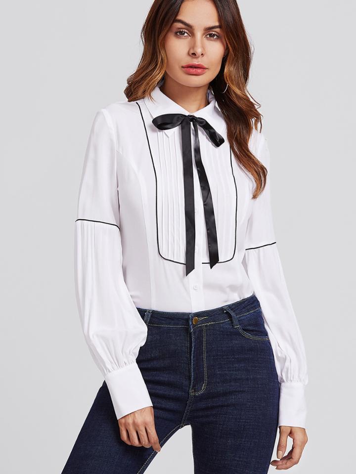 Shein Piping Detail Pleated Yoke Bishop Sleeve Blouse