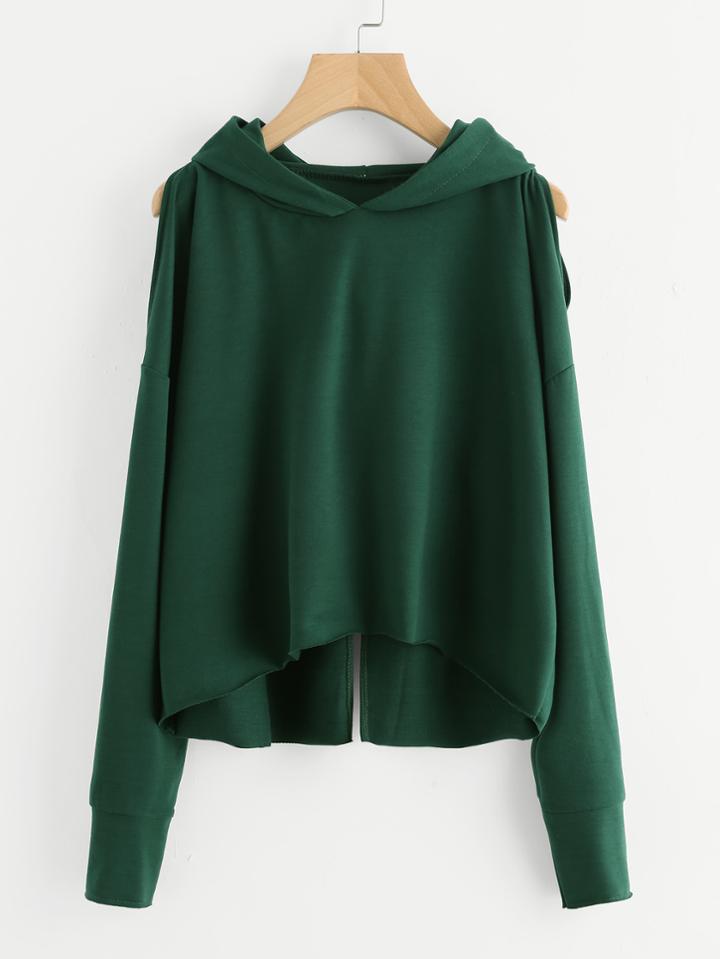 Shein Open Shoulder Slit Back Raw Hem Hoodie