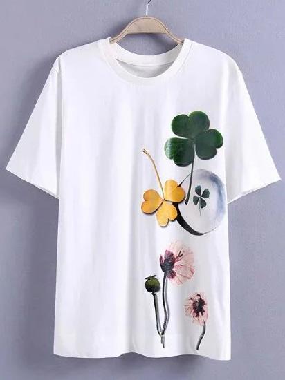 Shein White Flower Print Short Sleeve T-shirt