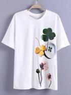 Shein White Flower Print Short Sleeve T-shirt