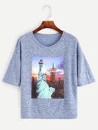 Shein Blue Marled Knit Graphic Patch Drop Shoulder T-shirt